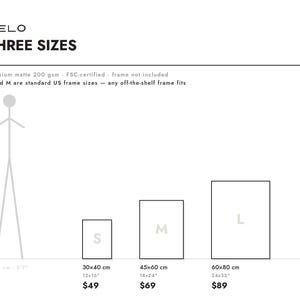 May include: A size guide graphic for AELO prints featuring three rectangular frames labeled S, M, and L. Dimensions are listed in centimeters and inches: 30x40 cm (12x16 inches), 45x60 cm (18x24 inches), and 60x80 cm (24x32 inches) with a stick figure for scale.