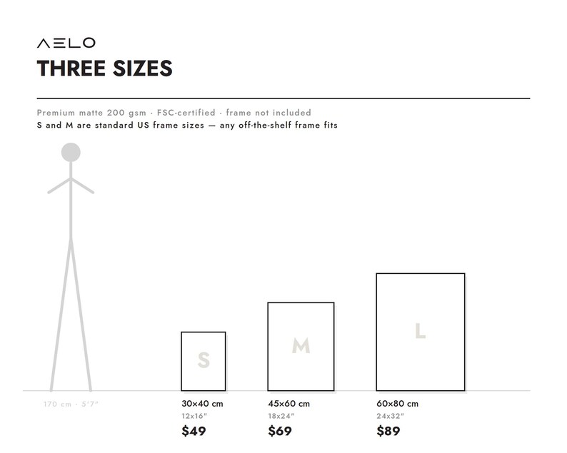 May include: A size guide graphic for AELO prints featuring three rectangular frames labeled S, M, and L. Dimensions are listed in centimeters and inches: 30x40 cm (12x16 inches), 45x60 cm (18x24 inches), and 60x80 cm (24x32 inches) with a stick figure for scale.