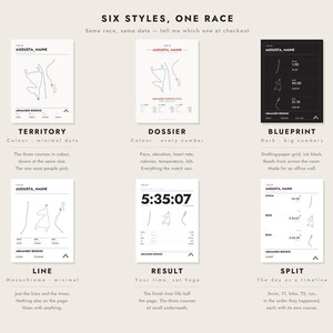 May include: Six distinct poster designs titled Six Styles, One Race, featuring Augusta, Maine triathlon course maps. Styles include Territory, Dossier, Blueprint, Line, Result, and Split, showcasing various data layouts in black, white, and red ink.