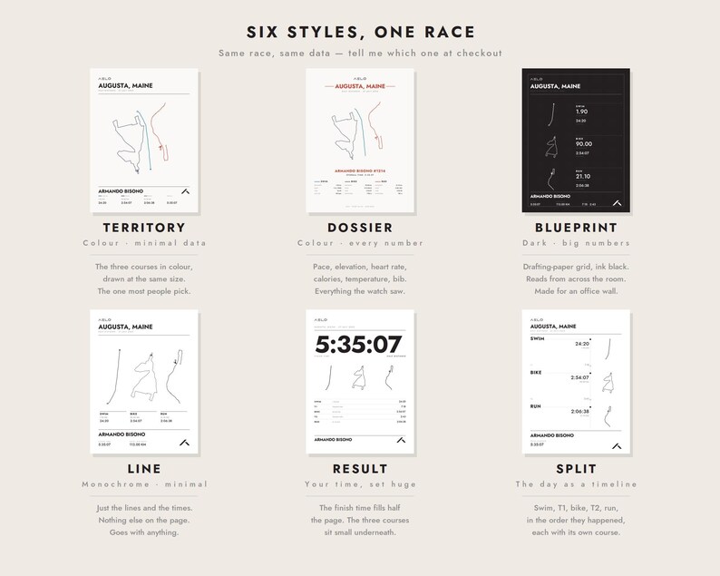 May include: Six distinct poster designs titled Six Styles, One Race, featuring Augusta, Maine triathlon course maps. Styles include Territory, Dossier, Blueprint, Line, Result, and Split, showcasing various data layouts in black, white, and red ink.