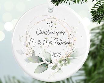 Personalised First Christmas Married Bauble, Ceramic Christmas Tree Decoration Gift Ornament, First Christmas Mr & Mrs Keepsake