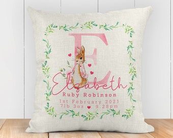 Personalised New Baby Cushion - New Baby Gift - Pink Rabbit