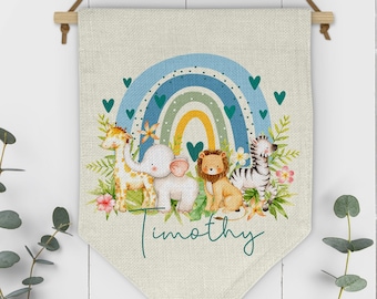 Personalised Pennant Hanger - Jungle Animals - Blue