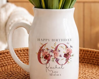 Personalised 60th Birthday Gift, Floral Ceramic Small Vase / Jug