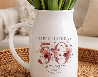 Personalised 50th Birthday Gift, Floral Ceramic Small Vase / Jug