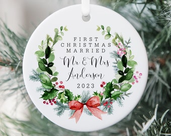 Personalised First Christmas Married Bauble, Ceramc Christmas Tree Decoration Gift Ornament, First Christmas Mr & Mrs Keepsake