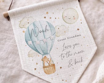 Personalised Linen Nursery Flag, Love You To Moon Back, Hot Air Balloon Design
