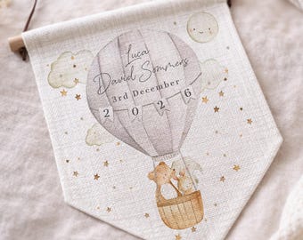 Personalised Linen Nursery Pennant, Hot Air Balloon Animals, Baby Name Gift
