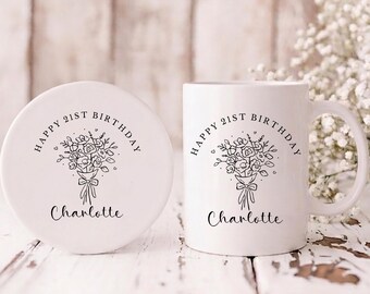 Personalised Floral Birthday Mug and Coaster Set | Custom Name, Age Gift