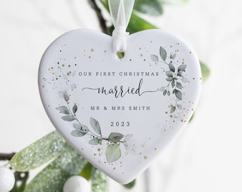 Personalised First Christmas Married Bauble, Ceramic Christmas Tree Decoration Gift Ornament, First Christmas Mr & Mrs Keepsake