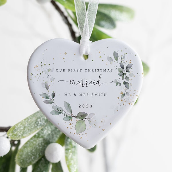Personalised First Christmas Married Bauble, Ceramic Christmas Tree Decoration Gift Ornament, First Christmas Mr & Mrs Keepsake