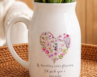 Personalized Auntie Ceramic Vase, Floral Heart, Aunt Birthday Gift