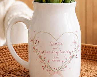 Personalised Auntie Ceramic Vase, Floral Jug With Printed Names