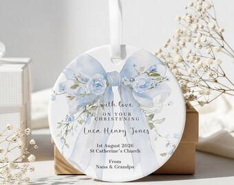 Christening Present, Personalised Ceramic Decoration, 75mm Blue Floral Keepsake