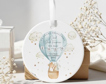 Christening Present, Personalised Ceramic Decoration, Blue Hot Air Balloon Keepsake