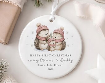 First Christmas As My Mummy & Daddy Ceramic Bauble, Personalised Family Keepsake