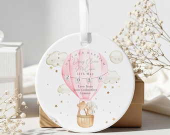 Christening Present, Personalised Ceramic Decoration, Pink Hot Air Balloon Keepsake