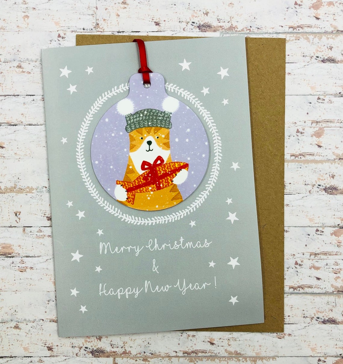 Cat Christmas Card With Decoration Handmade | Etsy