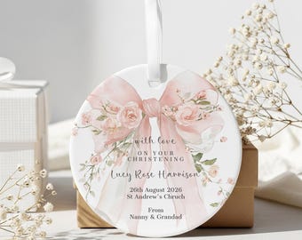 Christening Present, Personalised Ceramic Decoration, Pink Floral Keepsake