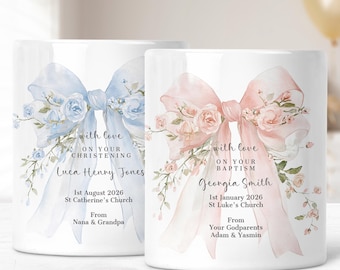 Christening Gift Money Box, Personalised Ceramic Christening Keepsake with Floral Bow