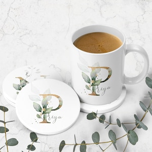 Personalised Initial & Name Mug and Coaster, Gold Green Leaf Design
