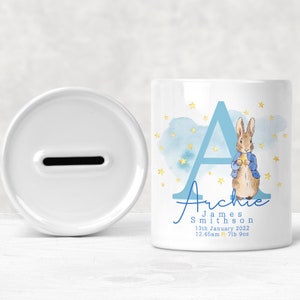 Personalised New Baby Ceramic Money Box Blue Rabbit image 2
