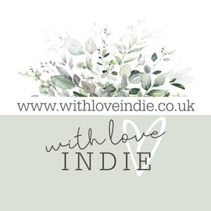 A watercolor illustration of green and grey eucalyptus leaves against a white background above a solid sage green panel displaying the text www.withloveindie.co.uk and the brand name inside a heart outline.