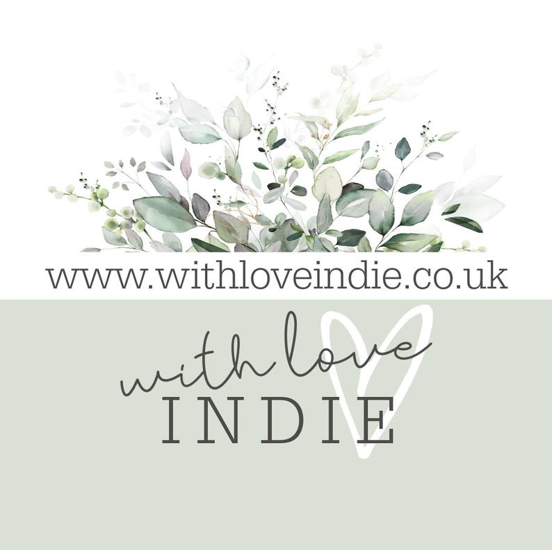 A watercolor illustration of green and grey eucalyptus leaves against a white background above a solid sage green panel displaying the text www.withloveindie.co.uk and the brand name inside a heart outline.