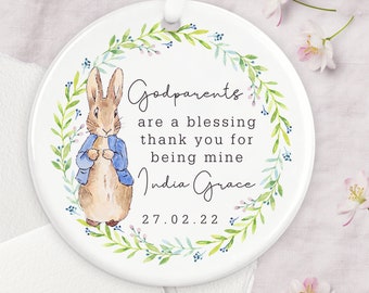 Personalised Godparents Ceramic Keepsake Decoration - Godmother - Godfather - Blue Rabbit