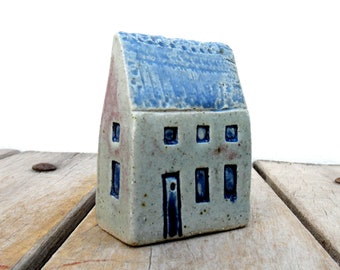 Blue Roof Cottage, Ceramic House, Clay Home, Pottery House