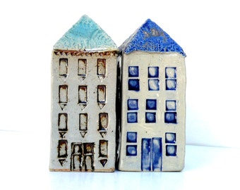 Ceramic House With A Blue Roof, Ceramic Sculpture