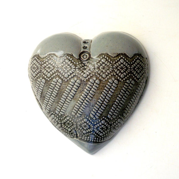 Hanging  Heart, Ceramic Sculpture , Wall Art, Grey Lace Heart