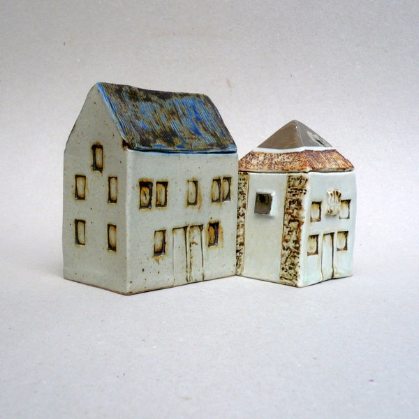 Small House ,Tall Building , Blue Roof  House, Scottish Farmhouse , Ceramic Sculpture , Miniature Architecture