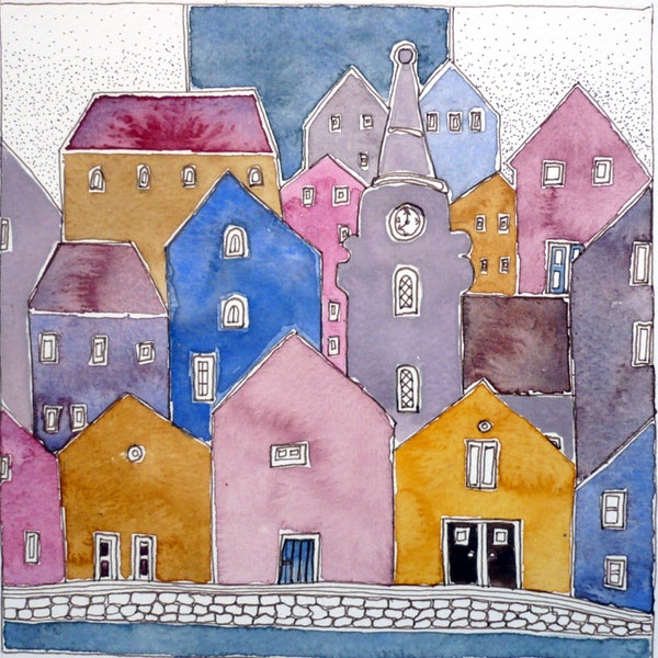 Art , Pastel Colors Art,  Purple And Pink Painting ,Townscape Painting, Girl's Room Decor ,  Watercolor Original