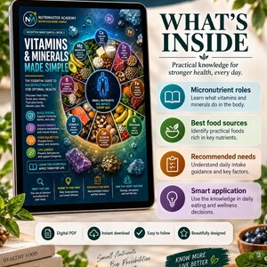 K&ouml;nnte beinhalten: Ein digitales Tablet zeigt den Nutrimaster Academy Leitfaden Vitamins & Minerals Made Simple. Der Bildschirm enth&auml;lt eine kreisf&ouml;rmige Infografik zu N&auml;hrstoffen und Lebensmitteln sowie Texte zu den Rollen, Quellen und dem t&auml;glichen Bedarf an Mikron&auml;hrstoffen.