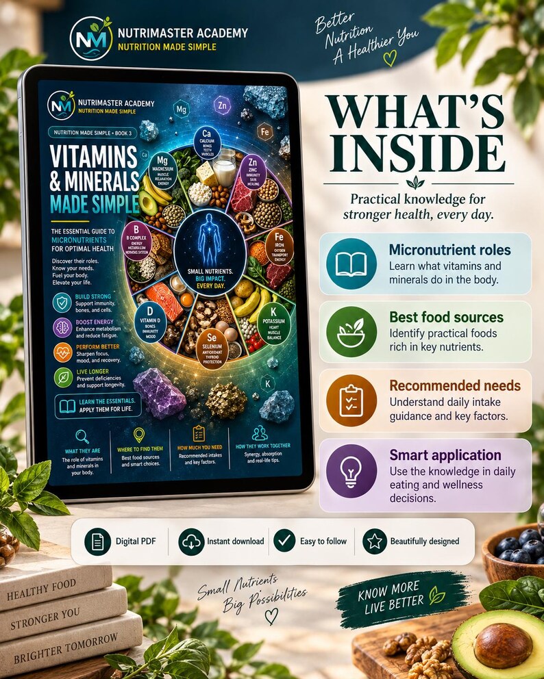 K&ouml;nnte beinhalten: Ein digitales Tablet zeigt den Nutrimaster Academy Leitfaden Vitamins & Minerals Made Simple. Der Bildschirm enth&auml;lt eine kreisf&ouml;rmige Infografik zu N&auml;hrstoffen und Lebensmitteln sowie Texte zu den Rollen, Quellen und dem t&auml;glichen Bedarf an Mikron&auml;hrstoffen.