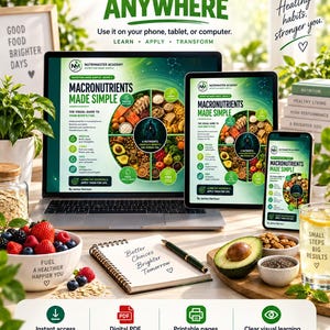 Pu&ograve; includere: Una guida nutrizionale digitale intitolata Macronutrients Made Simple visualizzata su laptop, tablet e smartphone. Gli schermi mostrano un grafico alimentare circolare con proteine, carboidrati, grassi e fibre, accanto a un taccuino.