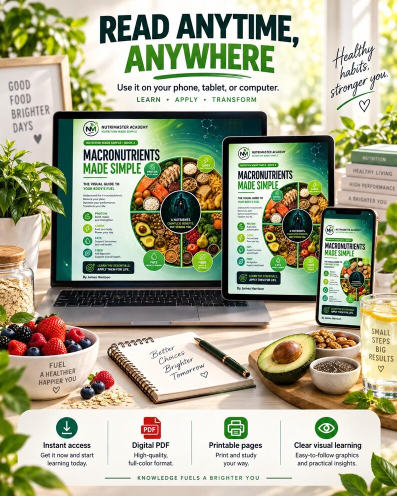 Pu&ograve; includere: Una guida nutrizionale digitale intitolata Macronutrients Made Simple visualizzata su laptop, tablet e smartphone. Gli schermi mostrano un grafico alimentare circolare con proteine, carboidrati, grassi e fibre, accanto a un taccuino.