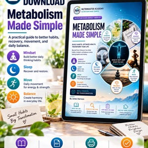 K&ouml;nnte beinhalten: Ein digitales Tablet zeigt den Ratgeber Metabolism Made Simple von James Harrison mit Abschnitten zu Denkweise, Schlaf, Bewegung und Balance. Der Bildschirm zeigt Gesundheits-Icons, Text und Bilder, erg&auml;nzt durch Notizen und einen Stift.