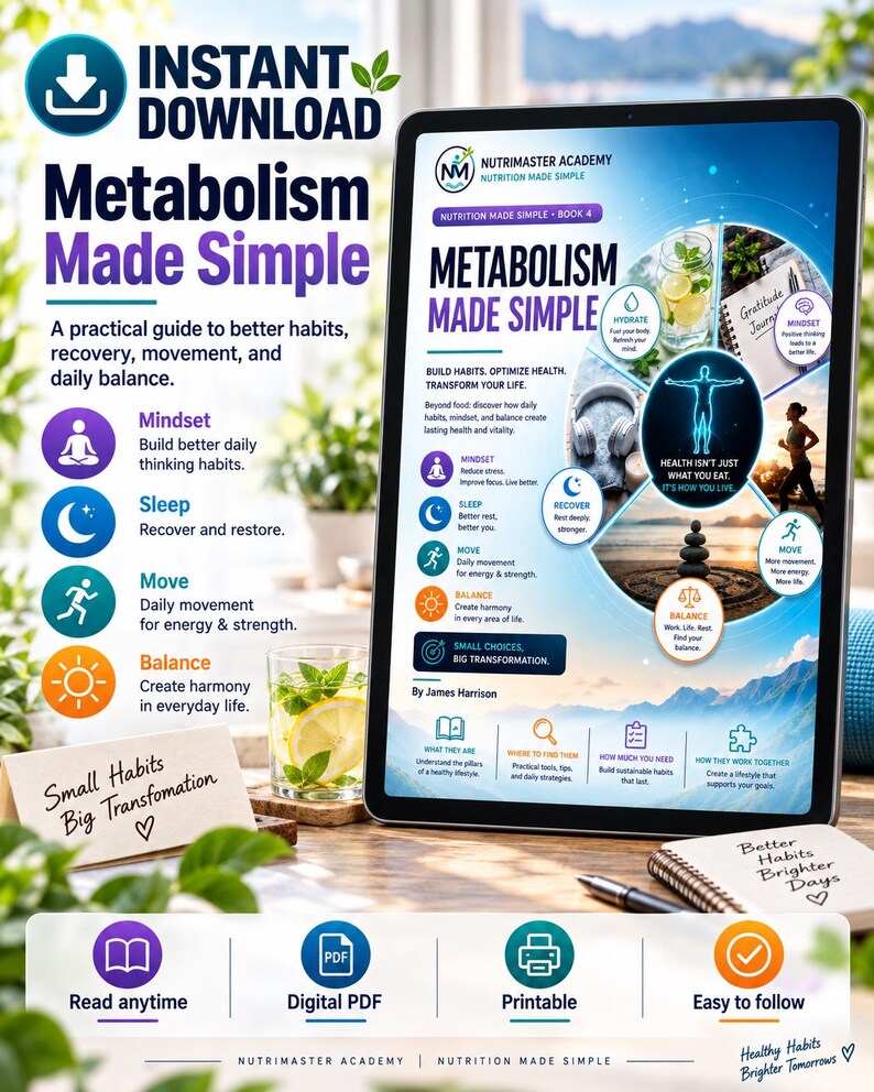 K&ouml;nnte beinhalten: Ein digitales Tablet zeigt den Ratgeber Metabolism Made Simple von James Harrison mit Abschnitten zu Denkweise, Schlaf, Bewegung und Balance. Der Bildschirm zeigt Gesundheits-Icons, Text und Bilder, erg&auml;nzt durch Notizen und einen Stift.