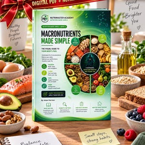 Könnte beinhalten: Ein gebundenes Buch mit dem Titel Macronutrients Made Simple mit grünem Einband, das ein kreisförmiges Lebensmitteldiagramm, Ernährungssymbole und Text zeigt. Das Buch ist von frischen Lebensmitteln, einem Notizbuch und einem gelben Zettel umgeben.