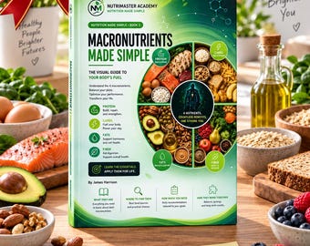 Könnte beinhalten: Ein gebundenes Buch mit dem Titel Macronutrients Made Simple mit grünem Einband, das ein kreisförmiges Lebensmitteldiagramm, Ernährungssymbole und Text zeigt. Das Buch ist von frischen Lebensmitteln, einem Notizbuch und einem gelben Zettel umgeben.