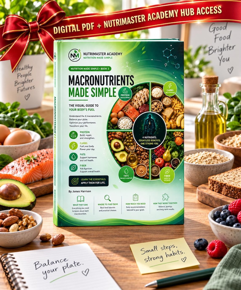 Pu&ograve; includere: Un libro con copertina rigida intitolato Macronutrients Made Simple con una copertina verde che presenta un grafico alimentare circolare, icone nutrizionali e testo. Il libro &egrave; circondato da cibi freschi, un taccuino e un foglietto giallo.