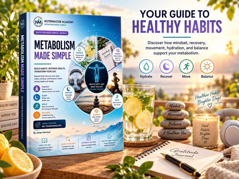 K&ouml;nnte beinhalten: Ein Buch mit dem Titel Metabolism Made Simple von James Harrison, mit blauem Einband und Gesundheits-Symbolen. Daneben stehen ein Glas Zitronenwasser, ein Stapel aus vier mit Gewohnheiten beschrifteten Steinen, eine Kerze, ein Tagebuch und wei&szlig;e Kopfh&ouml;rer.