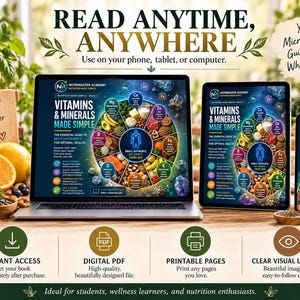 K&ouml;nnte beinhalten: Ein digitaler Ratgeber mit dem Titel Vitamins & Minerals Made Simple auf einem Laptop, Tablet und Smartphone. Die Bildschirme zeigen eine kreisf&ouml;rmige Infografik zu Lebensmitteln und N&auml;hrstoffen. Text: Read Anytime, Anywhere.