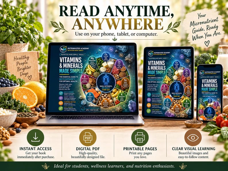 K&ouml;nnte beinhalten: Ein digitaler Ratgeber mit dem Titel Vitamins & Minerals Made Simple auf einem Laptop, Tablet und Smartphone. Die Bildschirme zeigen eine kreisf&ouml;rmige Infografik zu Lebensmitteln und N&auml;hrstoffen. Text: Read Anytime, Anywhere.