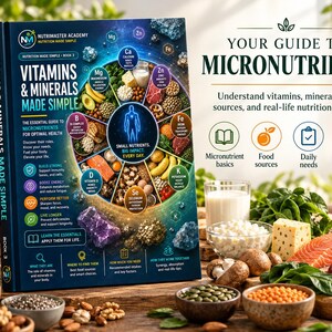 K&ouml;nnte beinhalten: Ein gebundenes Buch mit dem Titel Vitamins & Minerals Made Simple, das ein kreisf&ouml;rmiges Diagramm von Mikron&auml;hrstoffen, eine menschliche Silhouette und chemische Symbole zeigt. Das Cover enth&auml;lt Text &uuml;ber Ern&auml;hrung und Lebensmittelquellen.