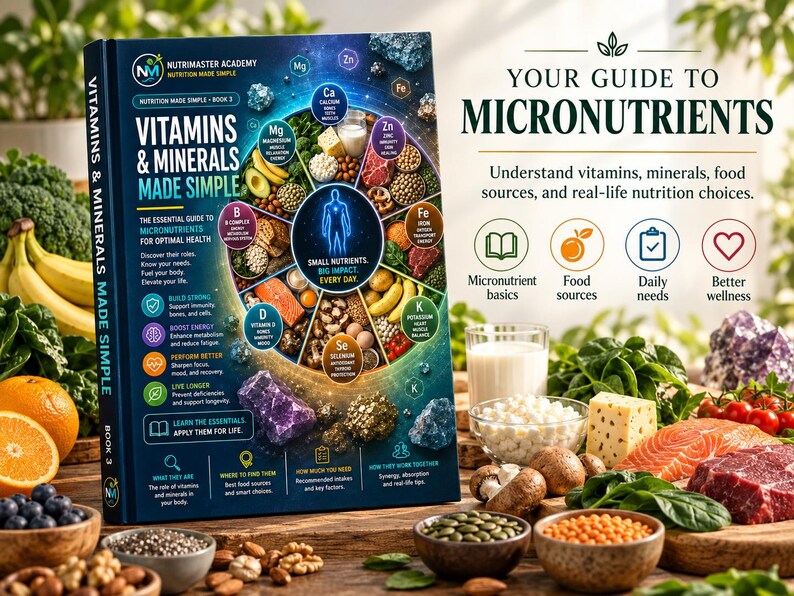 K&ouml;nnte beinhalten: Ein gebundenes Buch mit dem Titel Vitamins & Minerals Made Simple, das ein kreisf&ouml;rmiges Diagramm von Mikron&auml;hrstoffen, eine menschliche Silhouette und chemische Symbole zeigt. Das Cover enth&auml;lt Text &uuml;ber Ern&auml;hrung und Lebensmittelquellen.