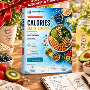 May include: A book titled Calories Made Simple with a blue cover featuring a bowl of chicken, avocado, quinoa, and berries. The cover includes the text Nutrimaster Academy, Nutrition Made Simple, and By James Harrison, alongside icons for energy.