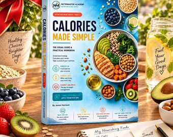 Könnte beinhalten: Ein Buch mit dem Titel Calories Made Simple mit blauem Einband, das eine Schüssel mit Hühnchen, Avocado, Quinoa und Beeren zeigt. Der Einband enthält den Text Nutrimaster Academy, Nutrition Made Simple und By James Harrison sowie Energiesymbole.